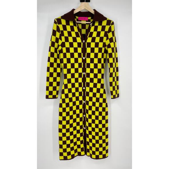 The Elder Statesman | Cabernet Yellow Checkered Cashmere Knit Cardigan Dress S - Picture 4 of 15